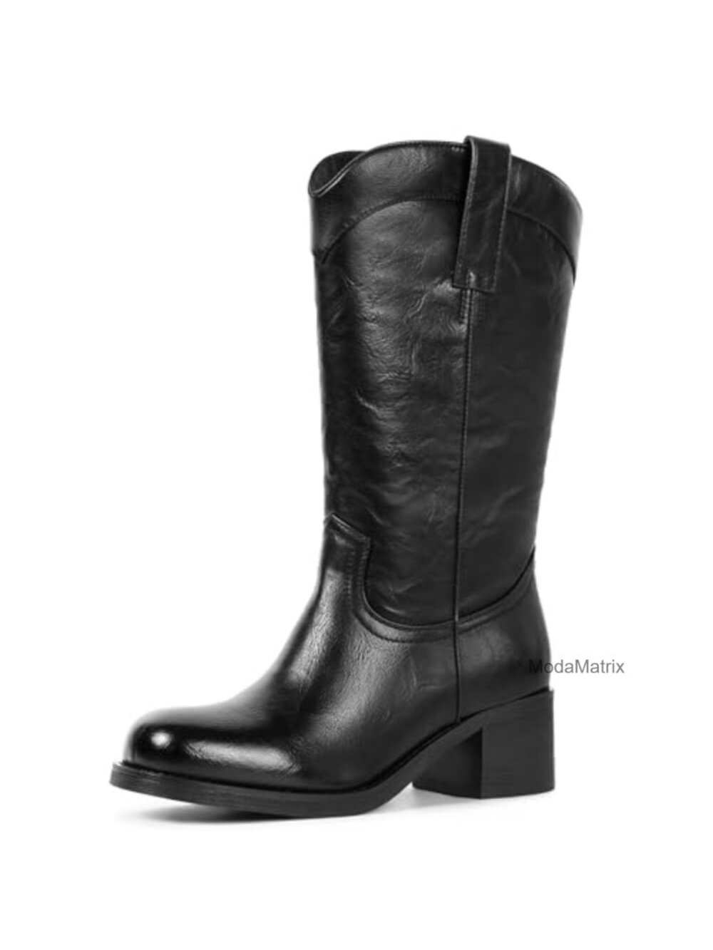 Faux Leather Mid Calf Boots Square Toe Chunky Block Heel Side Zip